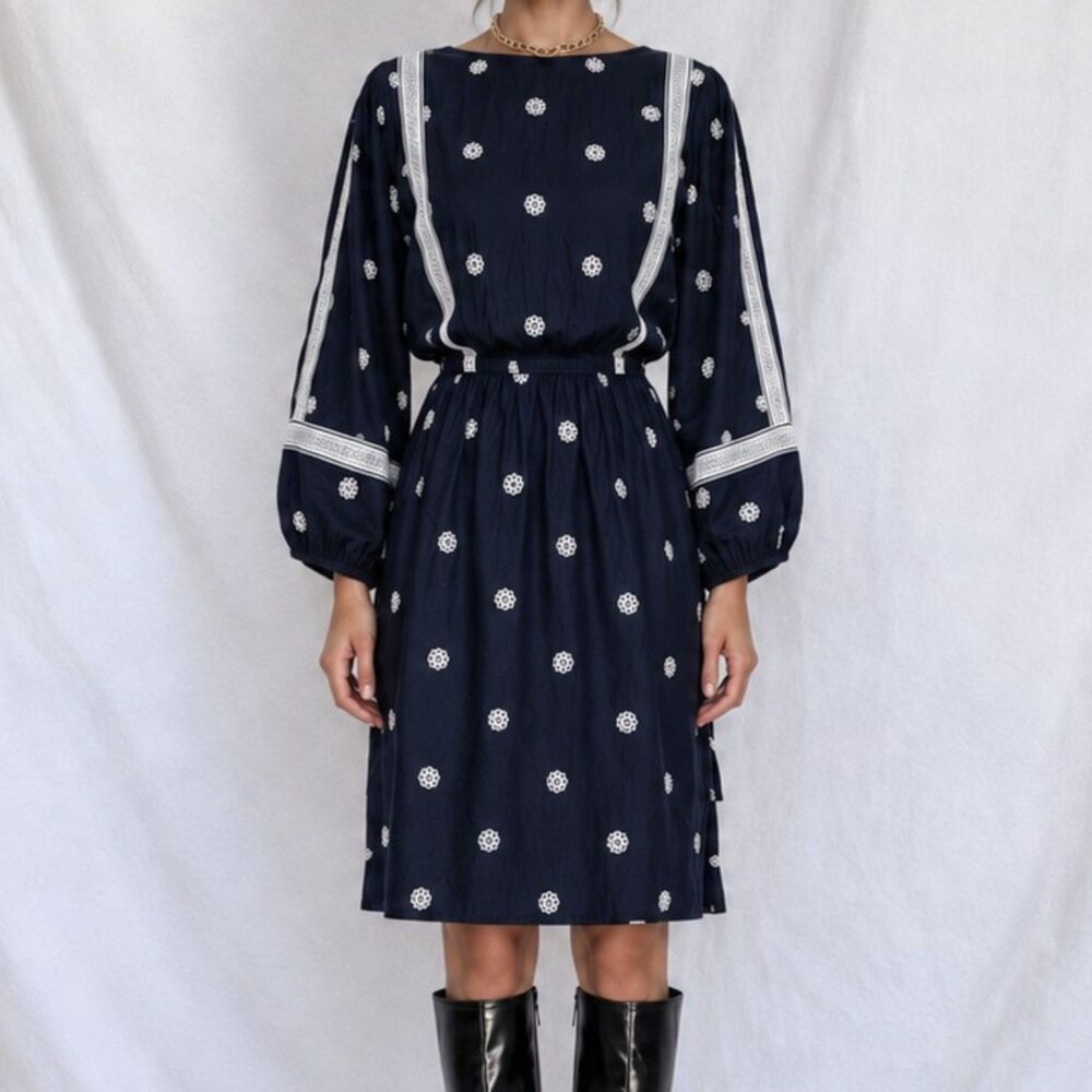 Vintage Y2K 90s Blue Long Puffy Sleeve Striped Floral Knee Length Dress Size M
